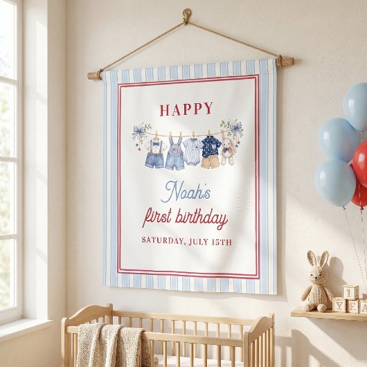 Tenture Fête d'anniversaire garçon Bleu Blanc Rouge