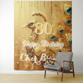 Tenture Fête d'anniversaire Gold Dripping | Paon pailleté