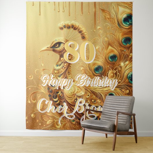 Tenture Fête d'anniversaire Gold Dripping | Paon pailleté (En situation)