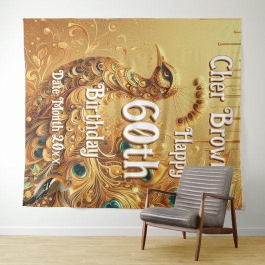 Tenture Fête d'anniversaire Gold Dripping | Paon pailleté (En situation (horizontale))