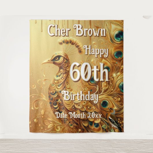 Tenture Fête d'anniversaire Gold Dripping | Paon pailleté (Devant)