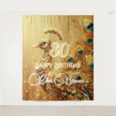 Tenture Fête d'anniversaire Gold Dripping | Paon pailleté (Devant)