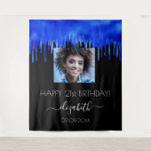 Tenture Fête d'anniversaire gouttes de bleu roi noir nom d (Devant)