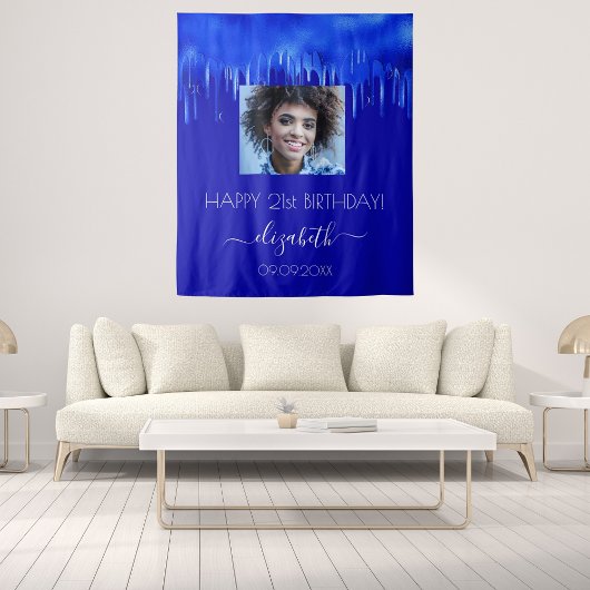 Tenture Fête d'anniversaire gouttes de bleu royal nom de p