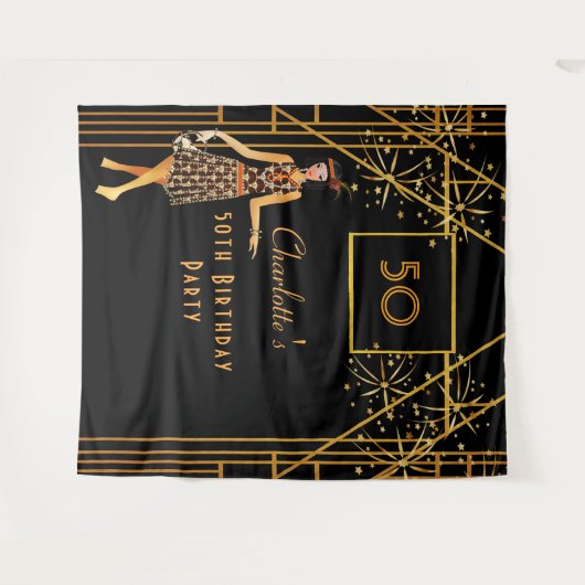 Tenture Fête d'anniversaire noir or style art déco des ann (Devant (Horizontal))