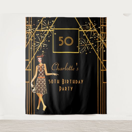 Tenture Fête d'anniversaire noir or style art déco des ann (Devant)