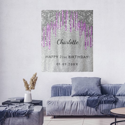 Tenture Fête d'anniversaire paillettes argent violet monog