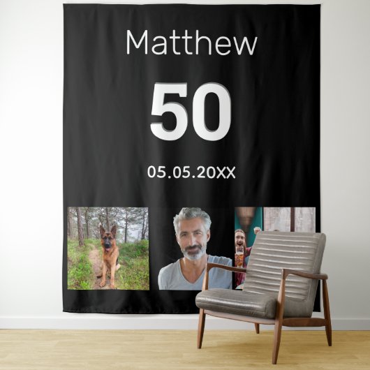 Tenture Fête d'anniversaire personnalisée photo monogramme (En situation)