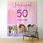 Tenture Fête d'anniversaire personnalisée photo rose or pa (En situation)