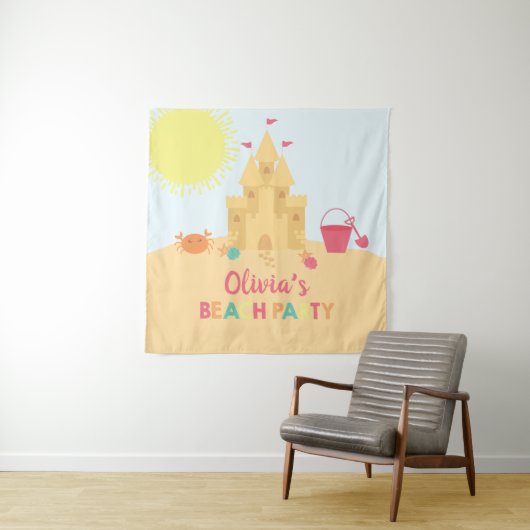 Tenture Fête d'anniversaire plage château de sable (En situation)