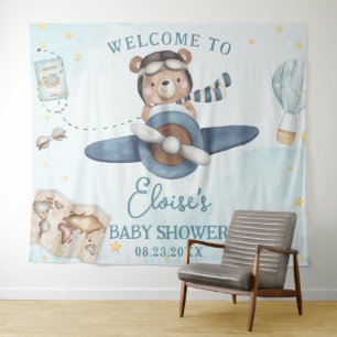 Tenture Fête de bébé garçon ourson mignon avion bleu Avent