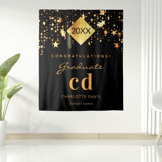 Tenture Fête de fin d'études noir or nom de diplômé 2026