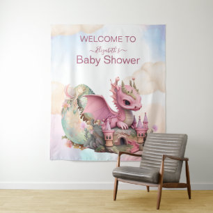 Tenture Fête de naissance de dragon rose aquarelle fantais