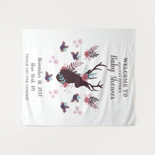 Tenture Fête de Naissance Fille Tête de Cerf Rustique Fleu (Devant (Horizontal))