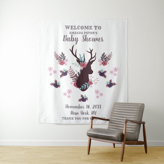 Tenture Fête de Naissance Fille Tête de Cerf Rustique Fleu (En situation)