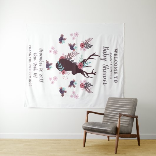 Tenture Fête de Naissance Fille Tête de Cerf Rustique Fleu (En situation (horizontale))