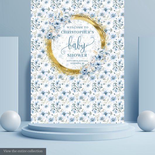 Tenture Fête de naissance garçon fleurs bleu pastel doré é