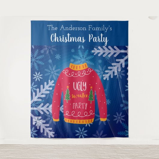 Tenture Fête de Noël affreux pull rouge bleu flocons de ne (Devant)