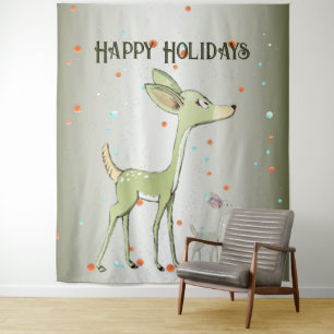 Tenture Fête de Noël Cerfs Verts Vacances Mignon