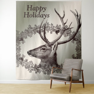 Tenture Fête de Noël Décoration Florale Renne Doré Hiver