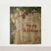 Tenture Fête de Noël Feuilles Vertes Dorées Rouge Rustique (Devant)