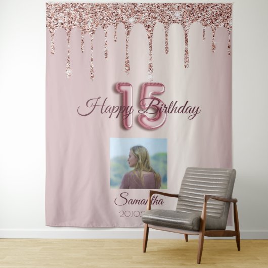 Tenture Fête des 15 ans Ballon Rose Gold Pailleté (En situation)