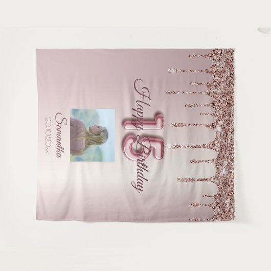 Tenture Fête des 15 ans Rose Gold Ballon Pailleté (Devant (Horizontal))