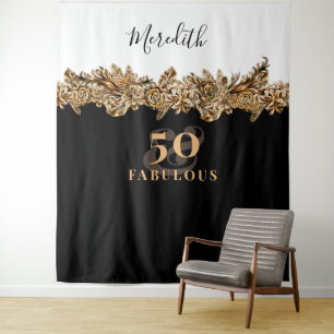 Tenture Fête des 50 ans Luxe Fleurs Dorées Élégantes et Ra