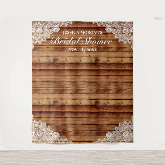 Tenture Fête des mariées en bois rustique et dentelle blan (Devant)
