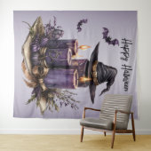 Tenture Fête d'Halloween bougies violettes chauves-souris  (En situation (horizontale))