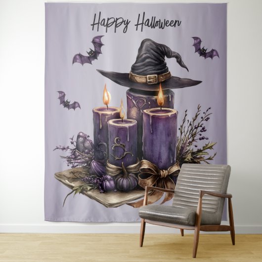 Tenture Fête d'Halloween bougies violettes chauves-souris  (En situation)