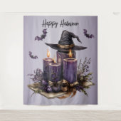 Tenture Fête d'Halloween bougies violettes chauves-souris  (Devant)
