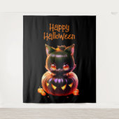 Tenture Fête d'Halloween Chat Noir Citrouille Horreur Effr (Devant)