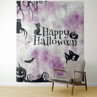 Tenture Fête d'Halloween Chat Noir Citrouilles Maléfiques