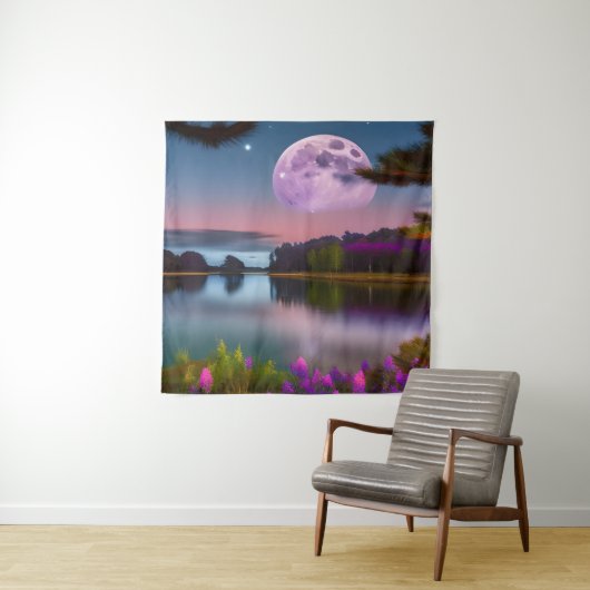 Tenture Feuillage pourpre Lune et lac paisible (En situation)