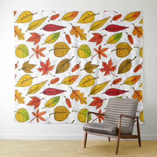 Tenture Feuilles d'automne en blanc (En situation (horizontale))