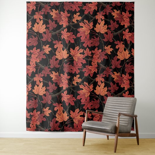 Tenture Feuilles de l'érable rouge d'automne sur fond noir (En situation)