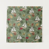 feuilles tropicaux vintages, bateau et corde à voi