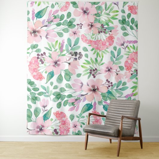 Tenture Feuilles vertes de fleurs roses Motif Fille Design (En situation)