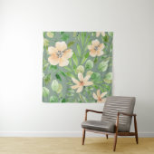 Tenture Feuilles verts, Fleurs roses : Aquarelle. (En situation)