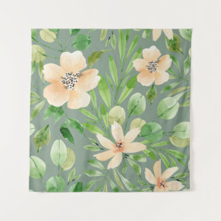 Tenture Feuilles verts, Fleurs roses : Aquarelle.