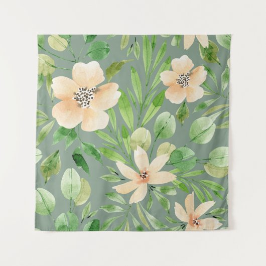 Tenture Feuilles verts, Fleurs roses : Aquarelle. (Devant)