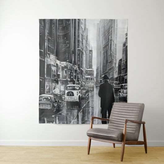 Tenture Figure dans la pluie noir et blanc - art (En situation)