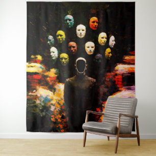 Tenture Figure sans visage entourée de visages masqués Imp