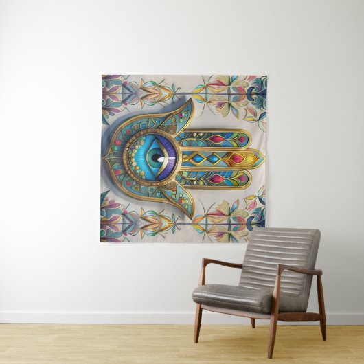 Tenture Filigree couleur or bleu-vert troisième oeil Hamsa (En situation (horizontale))