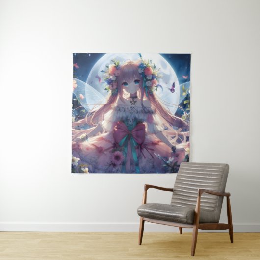 Tenture Fille Anime Fleur Lune Fée (En situation)