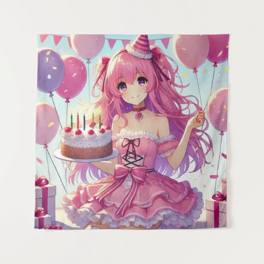Tenture Fille anime Rose anniversaire (Devant)