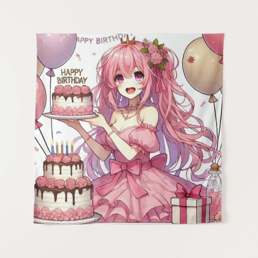 Tenture Fille anime Rose anniversaire (Devant)