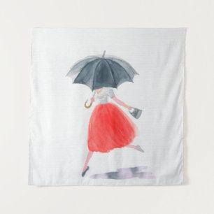 Tenture Fille avec parapluie sous la pluie. illustration d