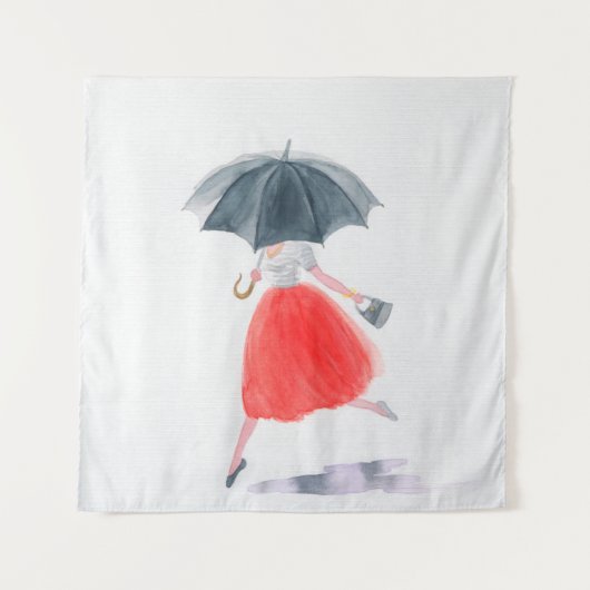Tenture Fille avec parapluie sous la pluie. illustration d (Devant)